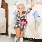 Baby girl holiday bubble in Townsend Tartan with bow waist detail, classic plaid design for fall and holiday photos – Henry Duvall timeless baby outfit