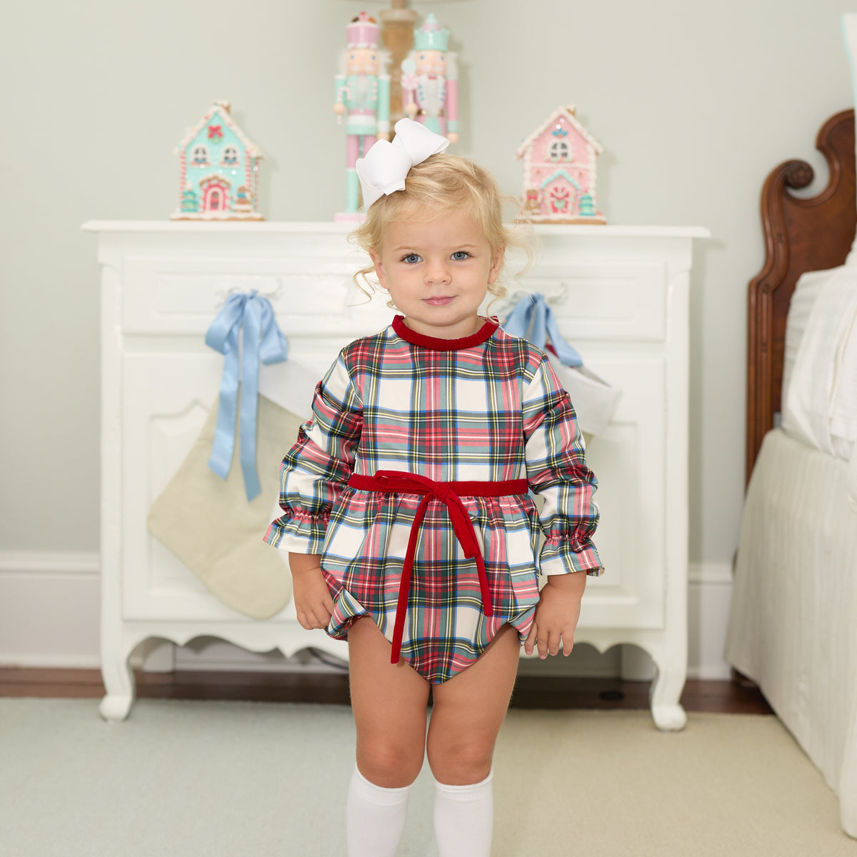 Baby girl holiday bubble in Townsend Tartan with bow waist detail, classic plaid design for fall and holiday photos – Henry Duvall timeless baby outfit