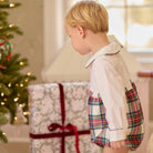 Baby boy Long Sleeve Beau Bubble in Townsend Tartan, featuring a white Peter Pan collar top and classic red, green and ivory holiday plaid bottom.
