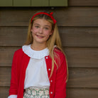 Henry Duvall Ruthie Ruffled Blouse for girls in Classic White, featuring a ruffle collar, long sleeves, and ruffled cuffs for fall and winter layering.