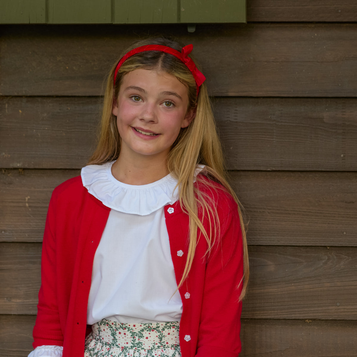 Henry Duvall Ruthie Ruffled Blouse for girls in Classic White, featuring a ruffle collar, long sleeves, and ruffled cuffs for fall and winter layering.