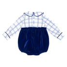 Henry Duvall Beau Bubble with Prescott Plaid top and Back Bay Blue Velvet bottom, long sleeve baby boy holiday romper with HD buttons and diaper snaps