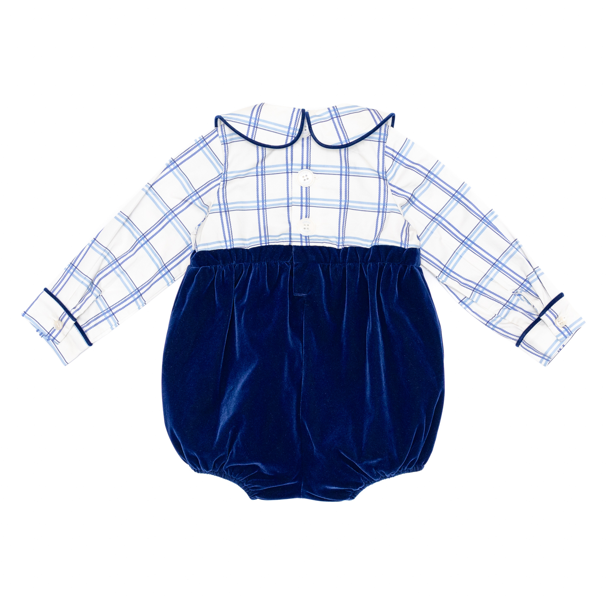 Henry Duvall Beau Bubble with Prescott Plaid top and Back Bay Blue Velvet bottom, long sleeve baby boy holiday romper with HD buttons and diaper snaps