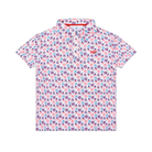 Henry Duvall boys patriotic performance polo with red white and blue fireworks and flag print, preppy UPF summer shirt for Memorial Day, 4th of July, and everyday wear