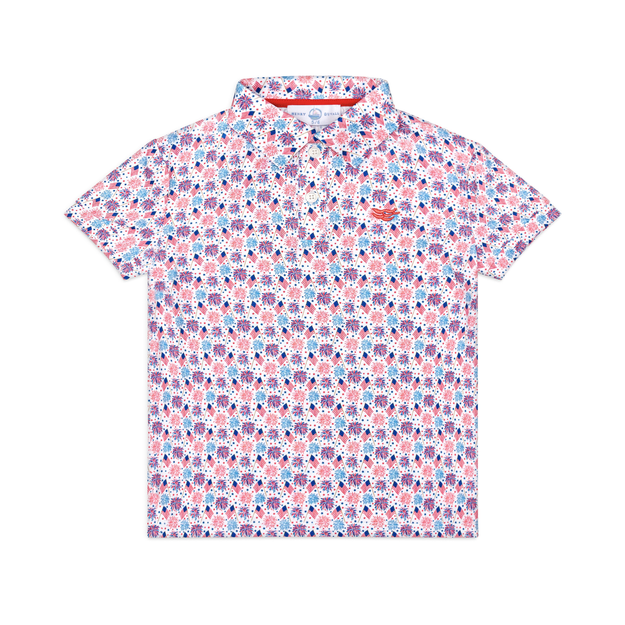 Henry Duvall boys patriotic performance polo with red white and blue fireworks and flag print, preppy UPF summer shirt for Memorial Day, 4th of July, and everyday wear