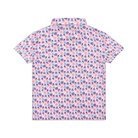 Henry Duvall boys patriotic performance polo with red white and blue fireworks and flag print, preppy UPF summer shirt for Memorial Day, 4th of July, and everyday wear
