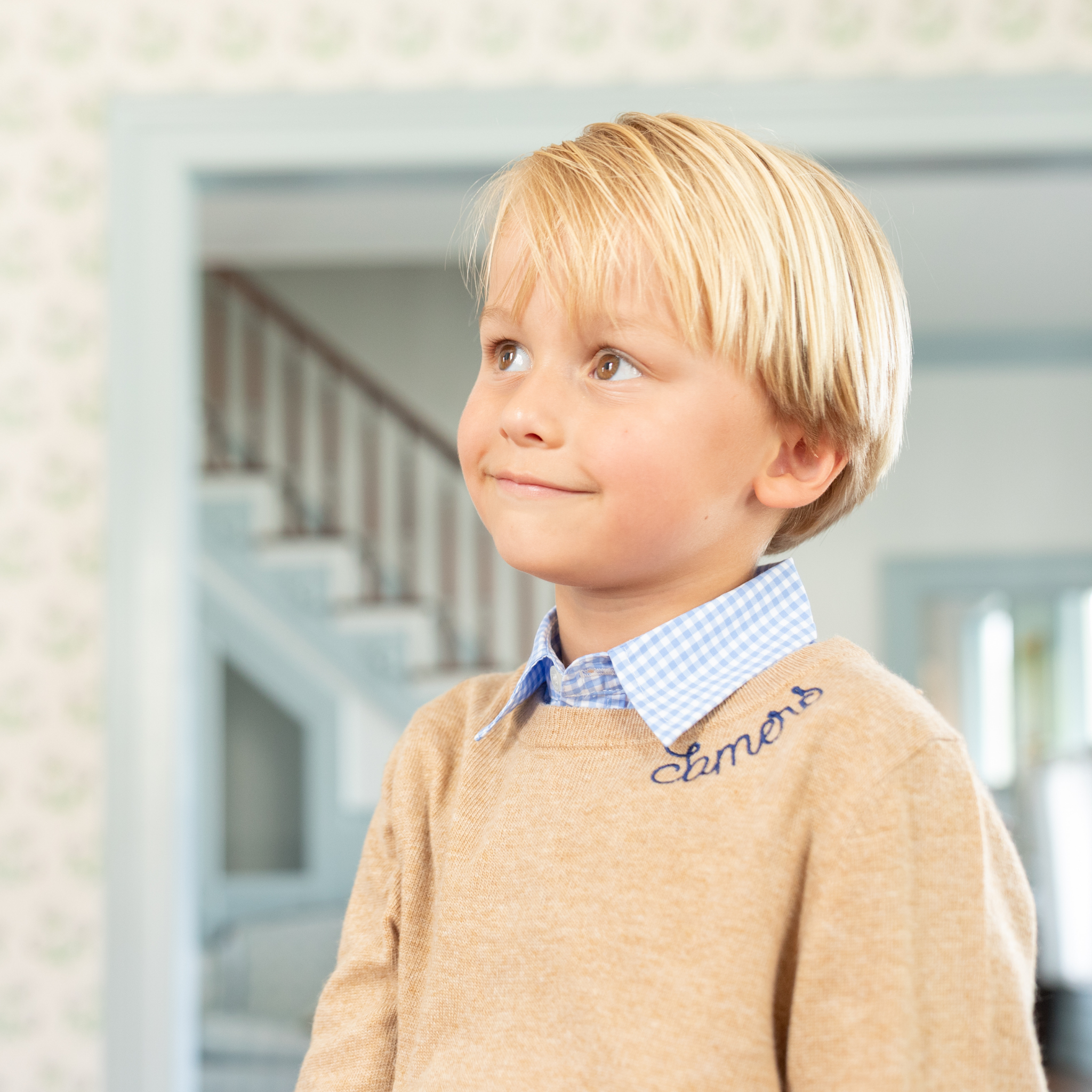 Henry Duvall Bennett Button Down in Charles Street Check blue gingham, classic boys fall dress shirt perfect for pairing with khaki corduroy trousers and coordinating sibling sets