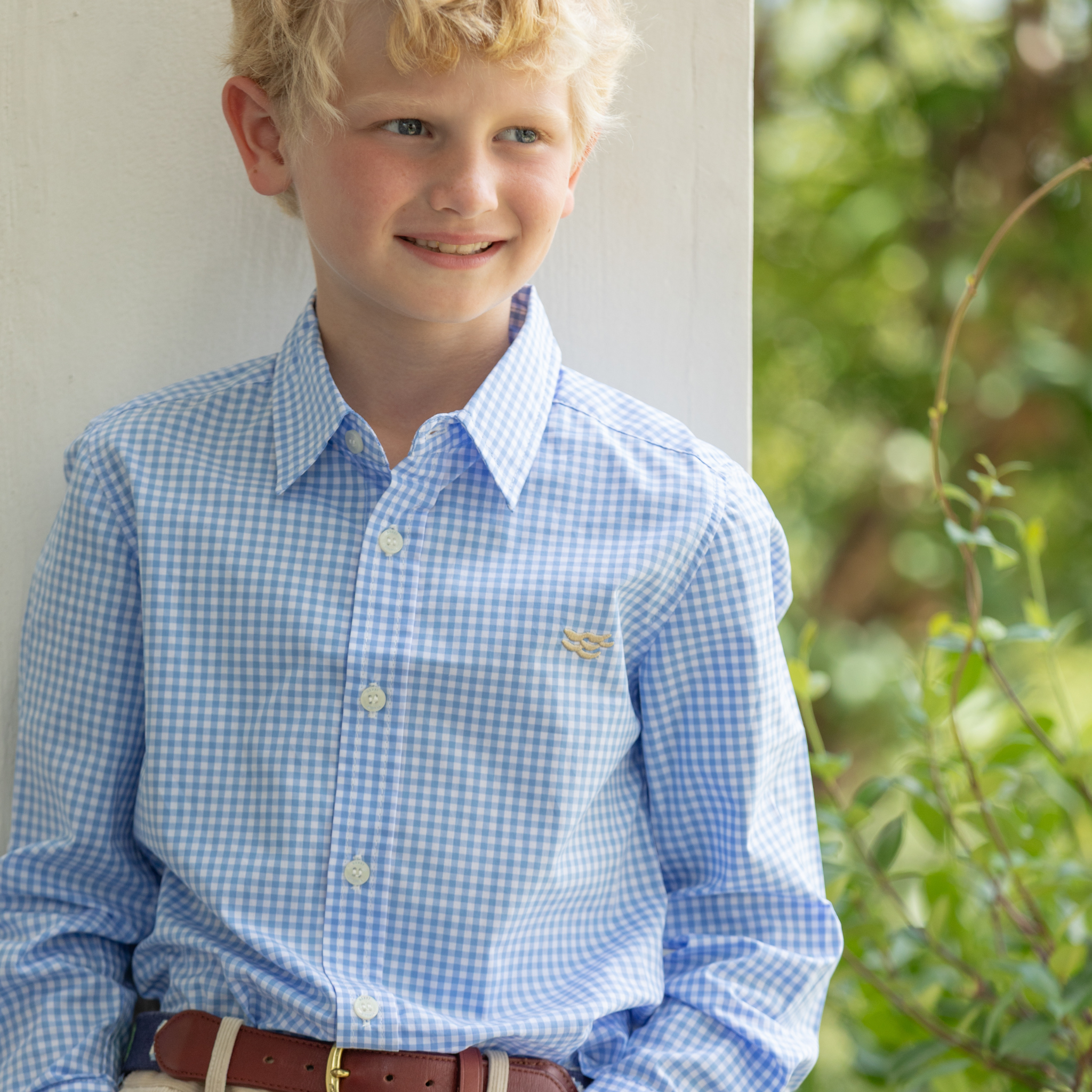 Henry Duvall Bennett Button Down in Charles Street Check blue gingham, classic boys fall dress shirt perfect for pairing with khaki corduroy trousers and coordinating sibling sets