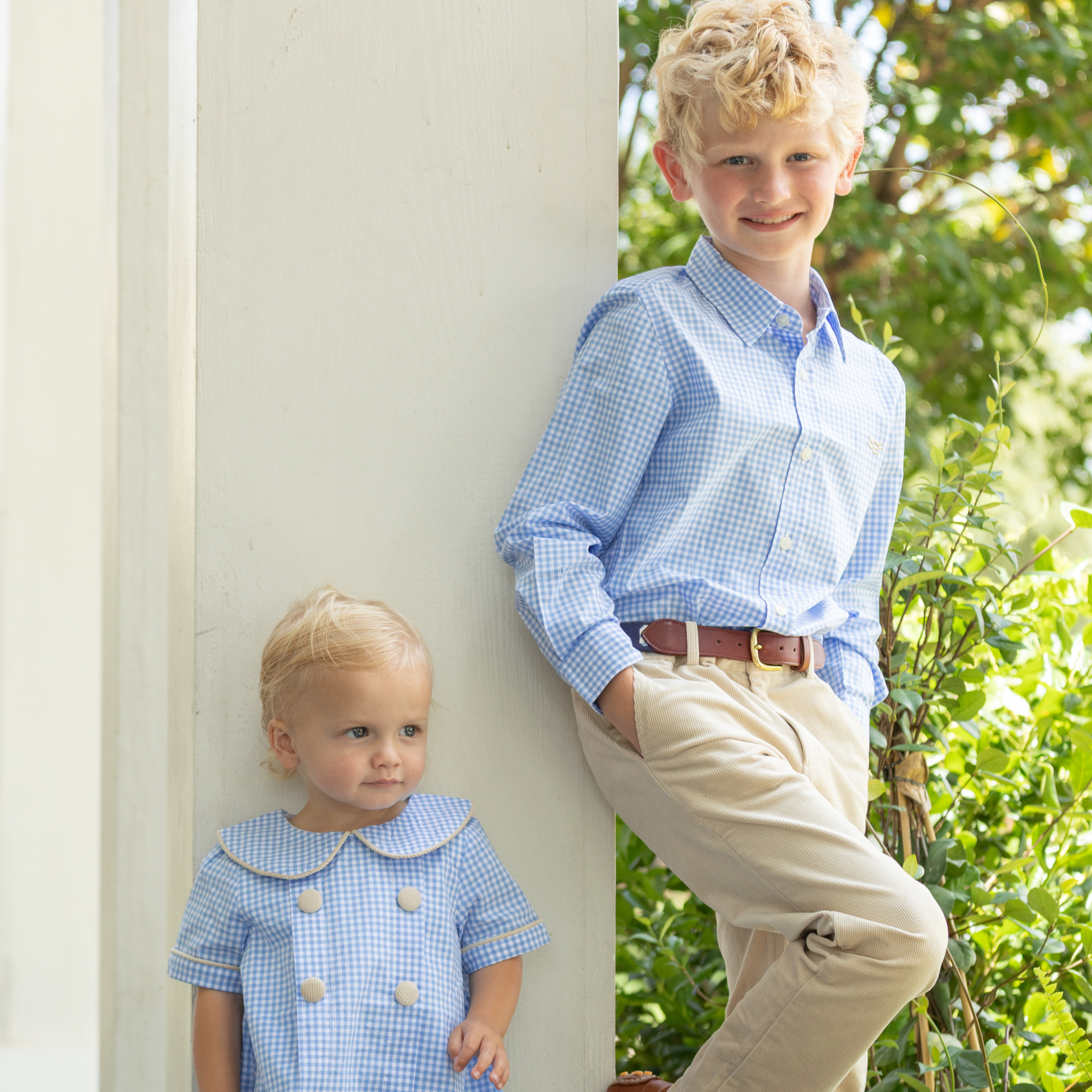 Henry Duvall Bennett Button Down in Charles Street Check blue gingham, classic boys fall dress shirt perfect for pairing with khaki corduroy trousers and coordinating sibling sets
