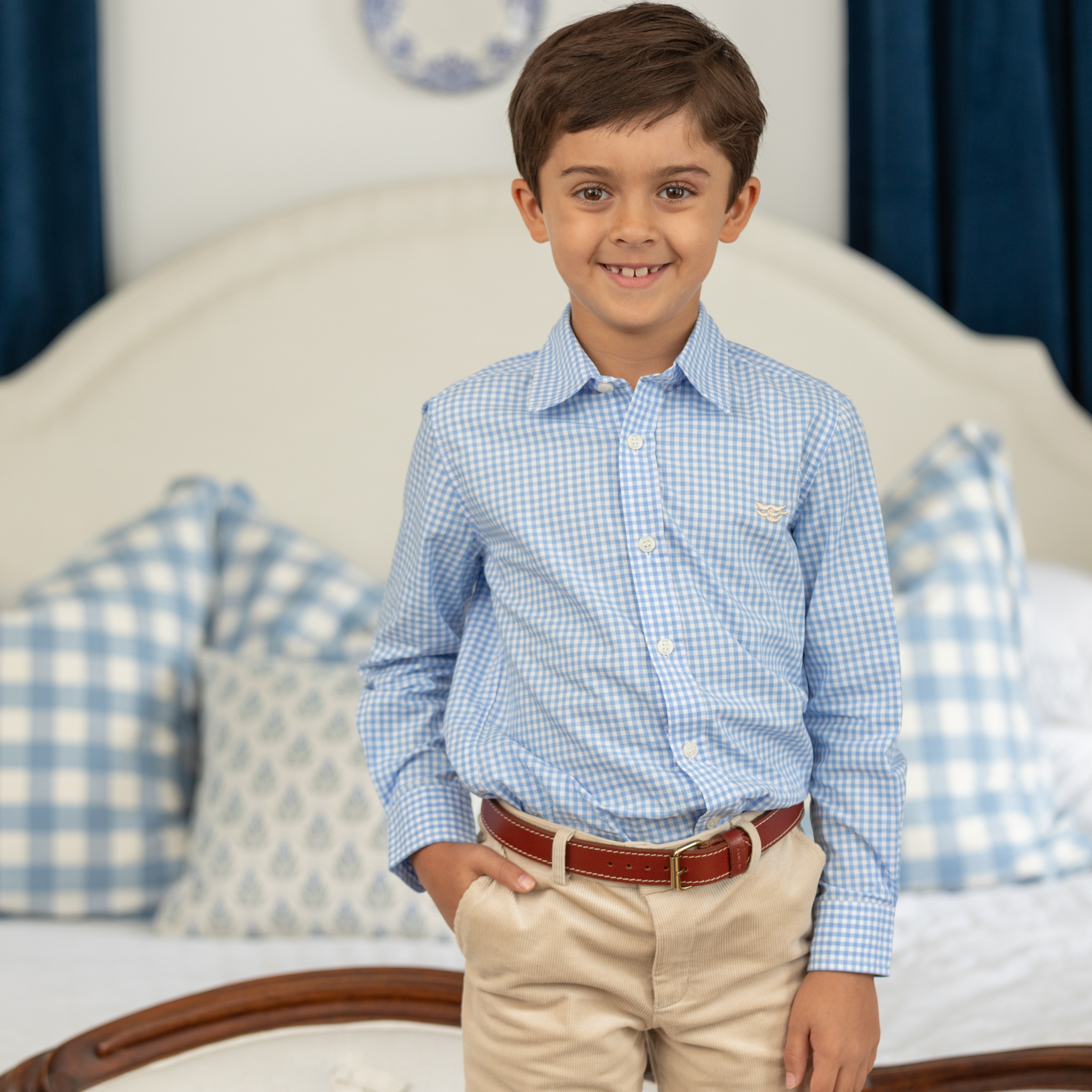 Henry Duvall Bennett Button Down in Charles Street Check blue gingham, classic boys fall dress shirt perfect for pairing with khaki corduroy trousers and coordinating sibling sets