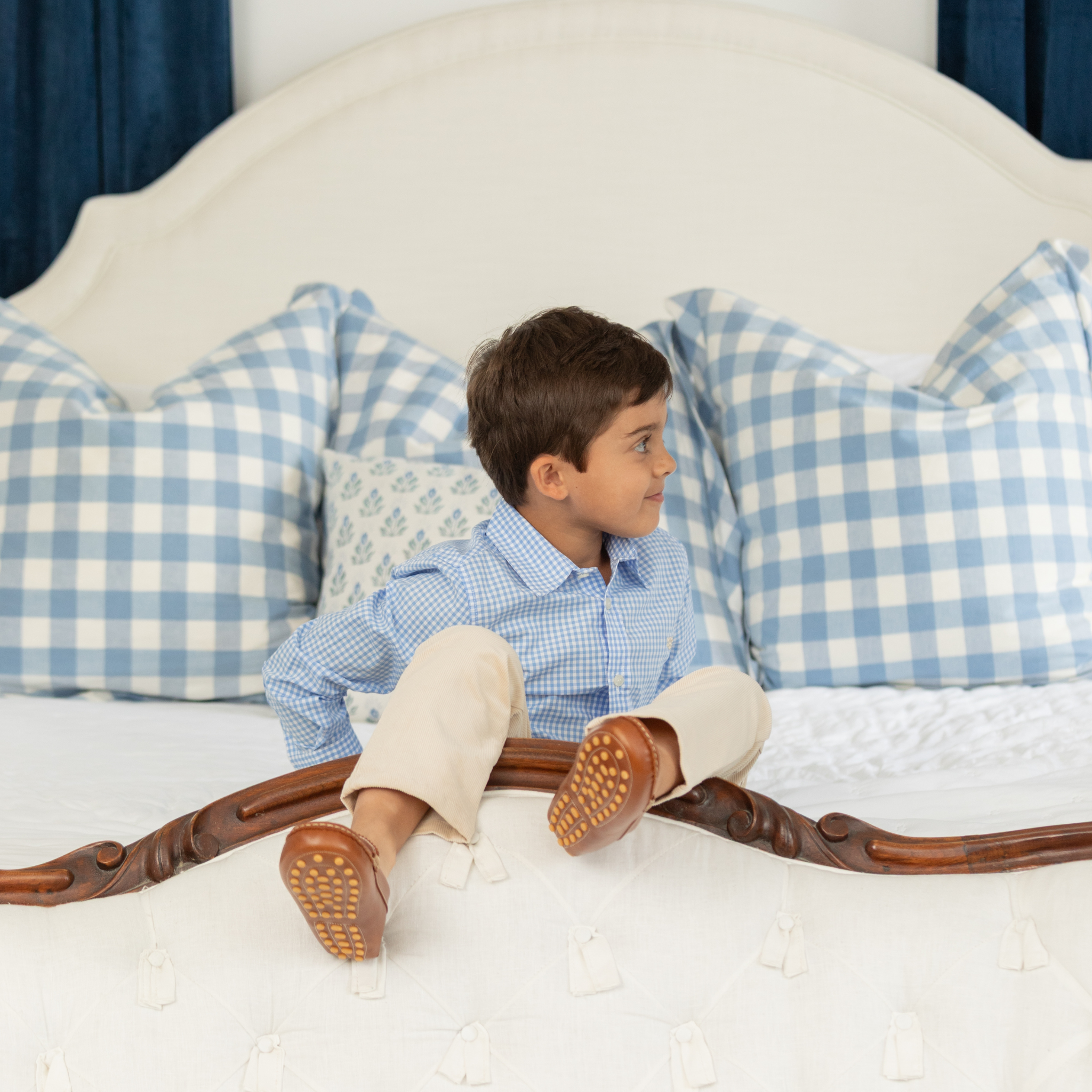 Henry Duvall Bennett Button Down in Charles Street Check blue gingham, classic boys fall dress shirt perfect for pairing with khaki corduroy trousers and coordinating sibling sets
