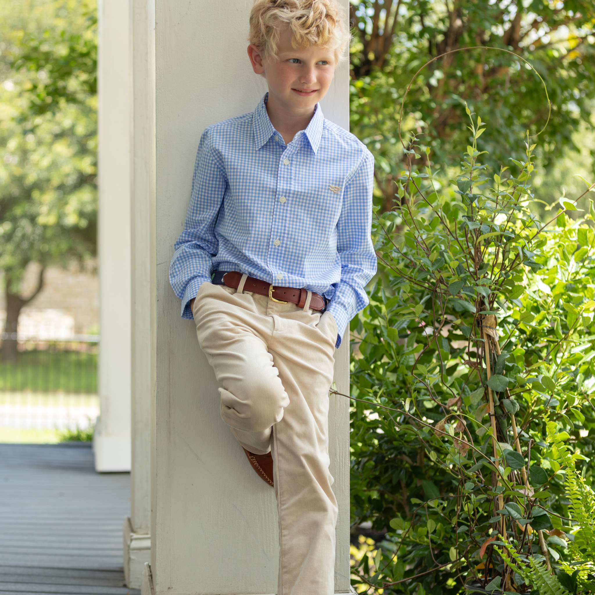 Henry Duvall Bradford Trousers in King’s Way Khaki Corduroy, classic boys fall and winter pants with adjustable elastic inside, perfect for dressing up or coordinating with family looks