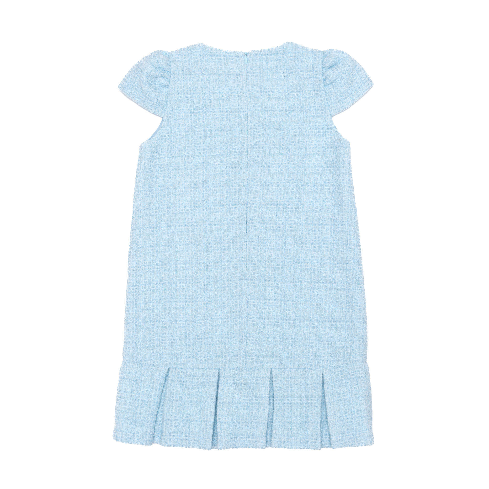 Henry Duvall Bay Tree Blue Tweed Dress for older girls, classic fall tweed dress with cap sleeves and box pleat hem, elegant and age-appropriate for seasonal occasions
