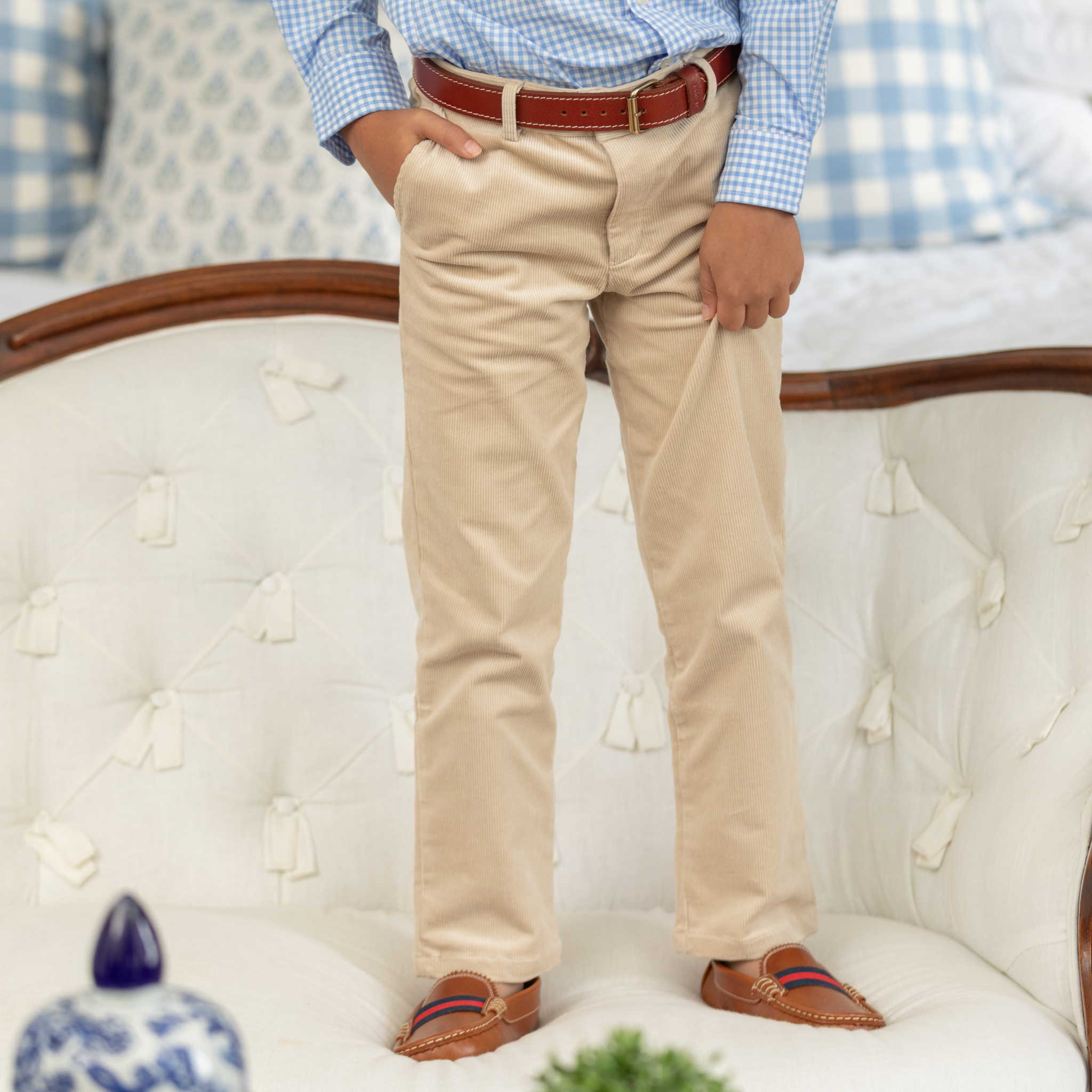 Henry Duvall Bradford Trousers in King’s Way Khaki Corduroy, classic boys fall and winter pants with adjustable elastic inside, perfect for dressing up or coordinating with family looks