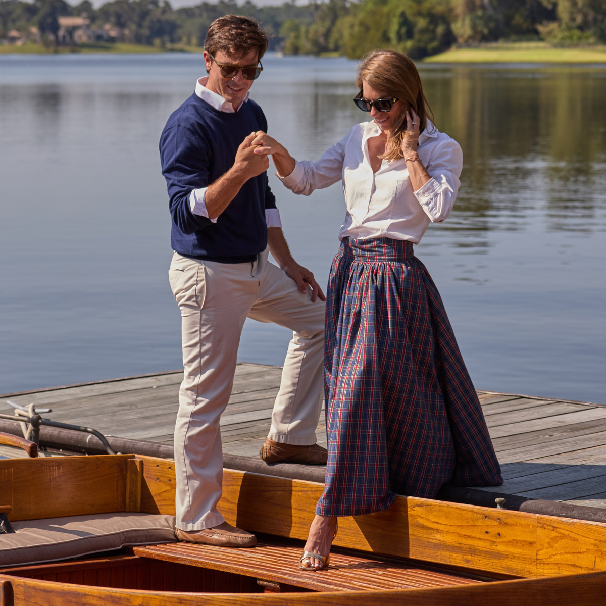 Women’s Audrey Skirt in navy, red, and green Tinsel Tartan with subtle metallic thread, featuring a full gathered midi-length silhouette.