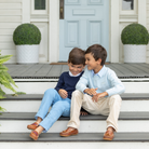 Henry Duvall Bradford Trousers in King’s Way Khaki Corduroy, classic boys fall and winter pants with adjustable elastic inside, perfect for dressing up or coordinating with family looks