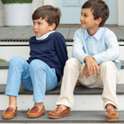 Henry Duvall Bradford Trousers in King’s Way Khaki Corduroy, classic boys fall and winter pants with adjustable elastic inside, perfect for dressing up or coordinating with family looks