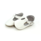 L’Amour Elodie white scalloped T-strap baby shoe in Napa leather with soft suede sole, perfect for pairing with Henry Duvall Fall outfits for girls
