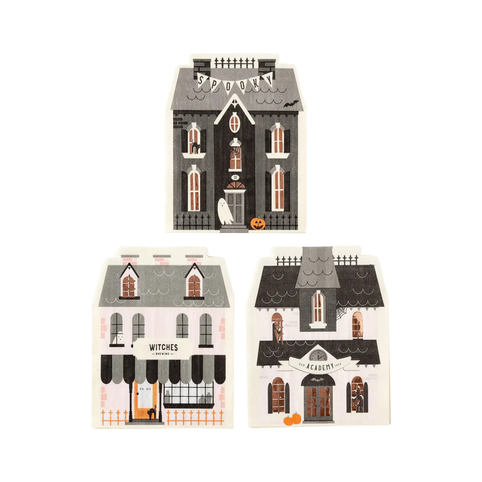 Set of 15 Haunted House Napkins in three designs with copper foil accents, shaped Halloween paper napkins for festive kids parties and trick-or-treat tables