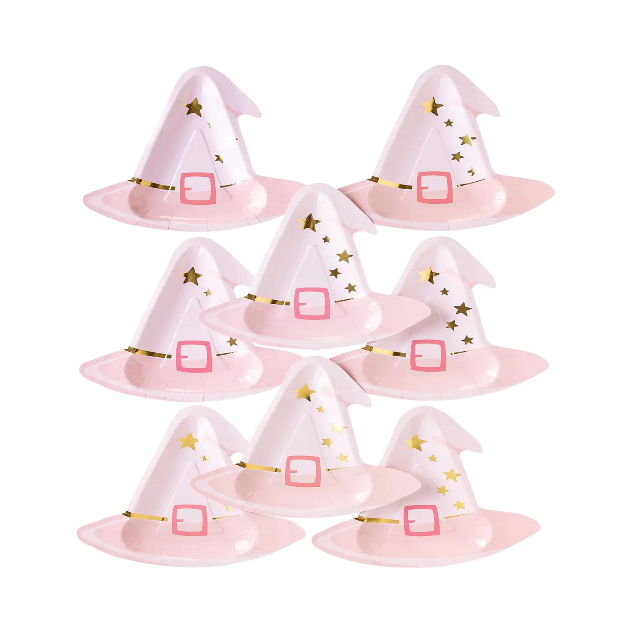 Set of 8 pink witch hat-shaped paper plates with gold foil accents, festive Halloween tableware for girls parties or whimsical holiday decor