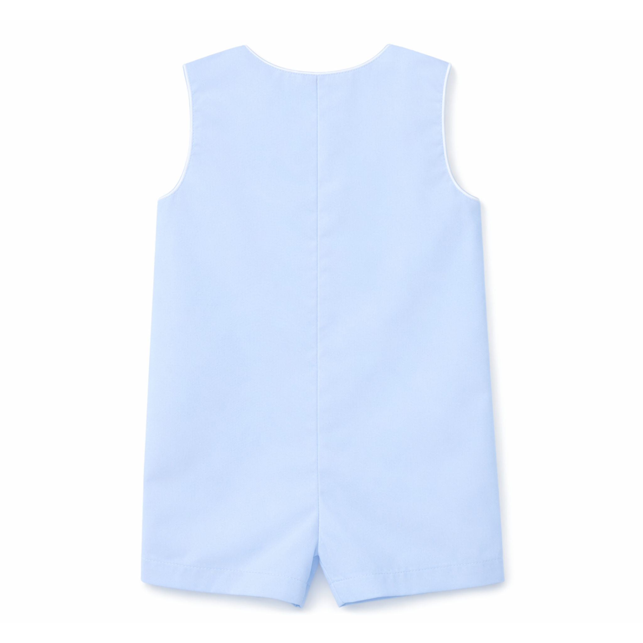 Henry Duvall Jennings Jon Jon in Bailey’s Bay Blue cotton with hand-smocked sailboats, classic heirloom baby boy summer outfit