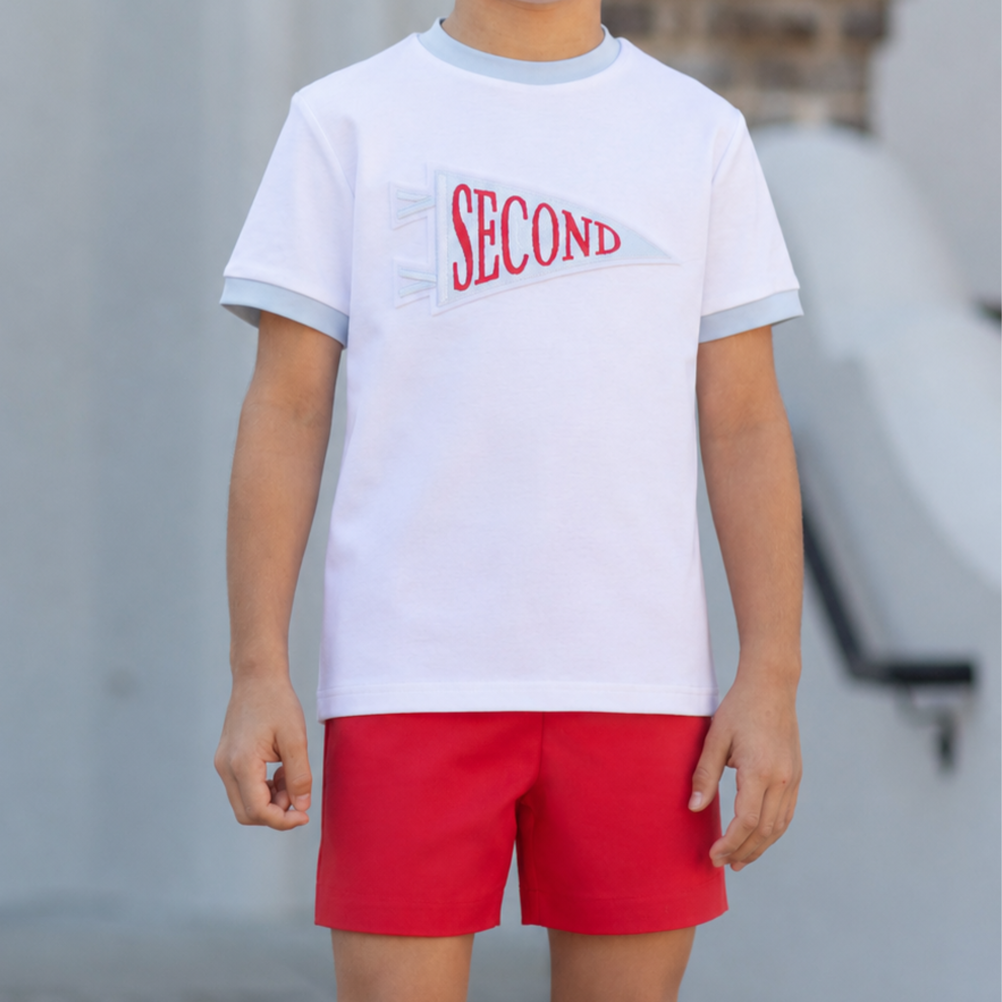Henry Duvall Liam Shorts in Rhode Island Red cotton pique, classic boys back-to-school shorts with elastic waist for first day of school photos and everyday fall wear.