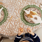 Woodland Leaves Thanksgiving tablecloth in warm golden leaf block print on ivory cotton, handcrafted by Flying Sheep Country, perfect for fall and holiday entertaining.