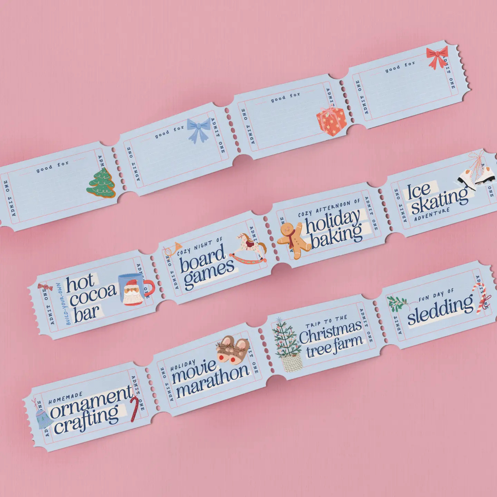 Holiday activity coupon book for kids with 12 tear-off tickets featuring festive family activities like baking, light tours, and game nights; ideal for a season full of memory-making