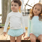 Baby boy swim bloomers in Seaside Seersucker with UPF 50+ protection; classic swim shorties with full coverage and elastic waist by Henry Duvall.