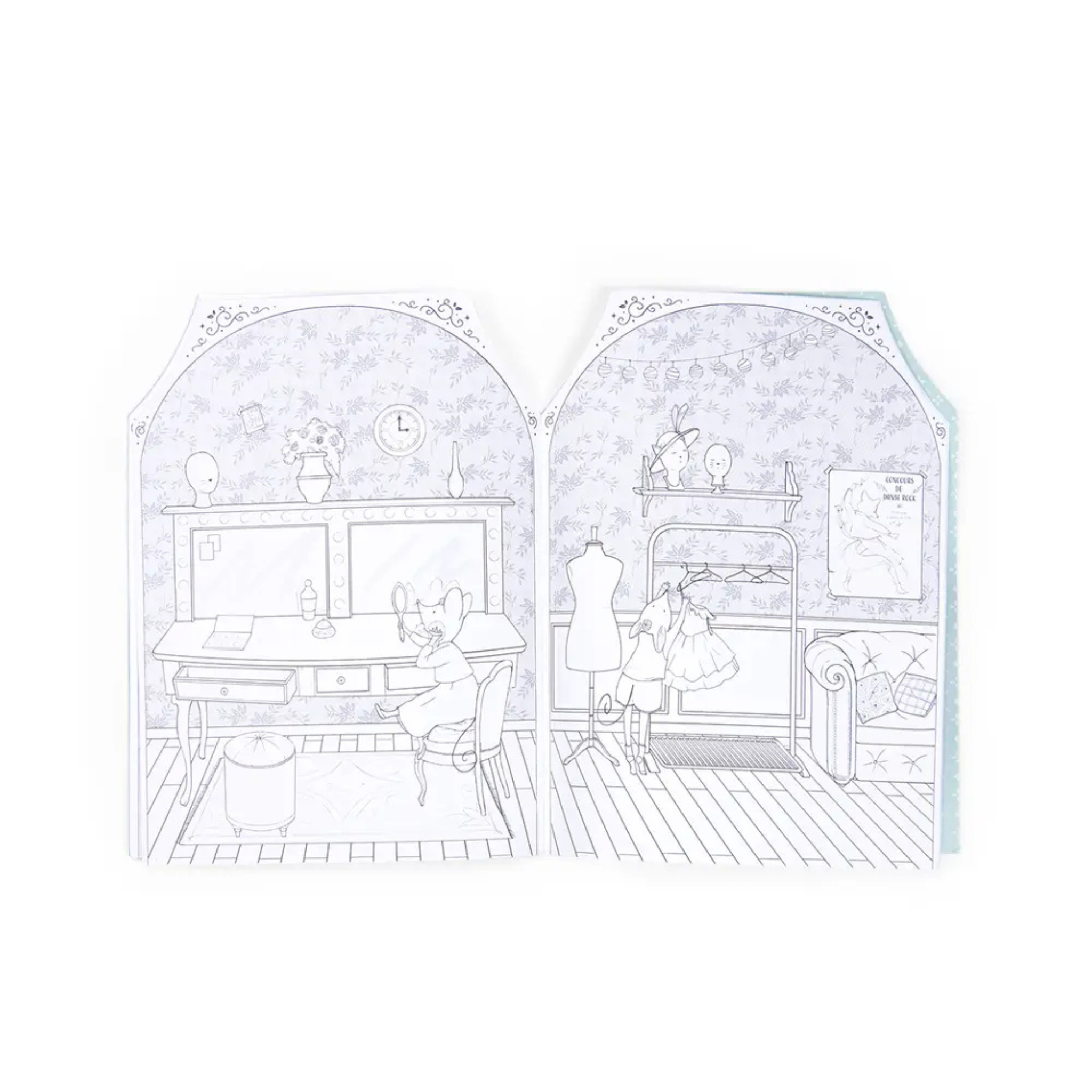 Illustrated children’s coloring and sticker book shaped like a pastel European house with ballet-themed details, perfect Christmas gift for creative kids.