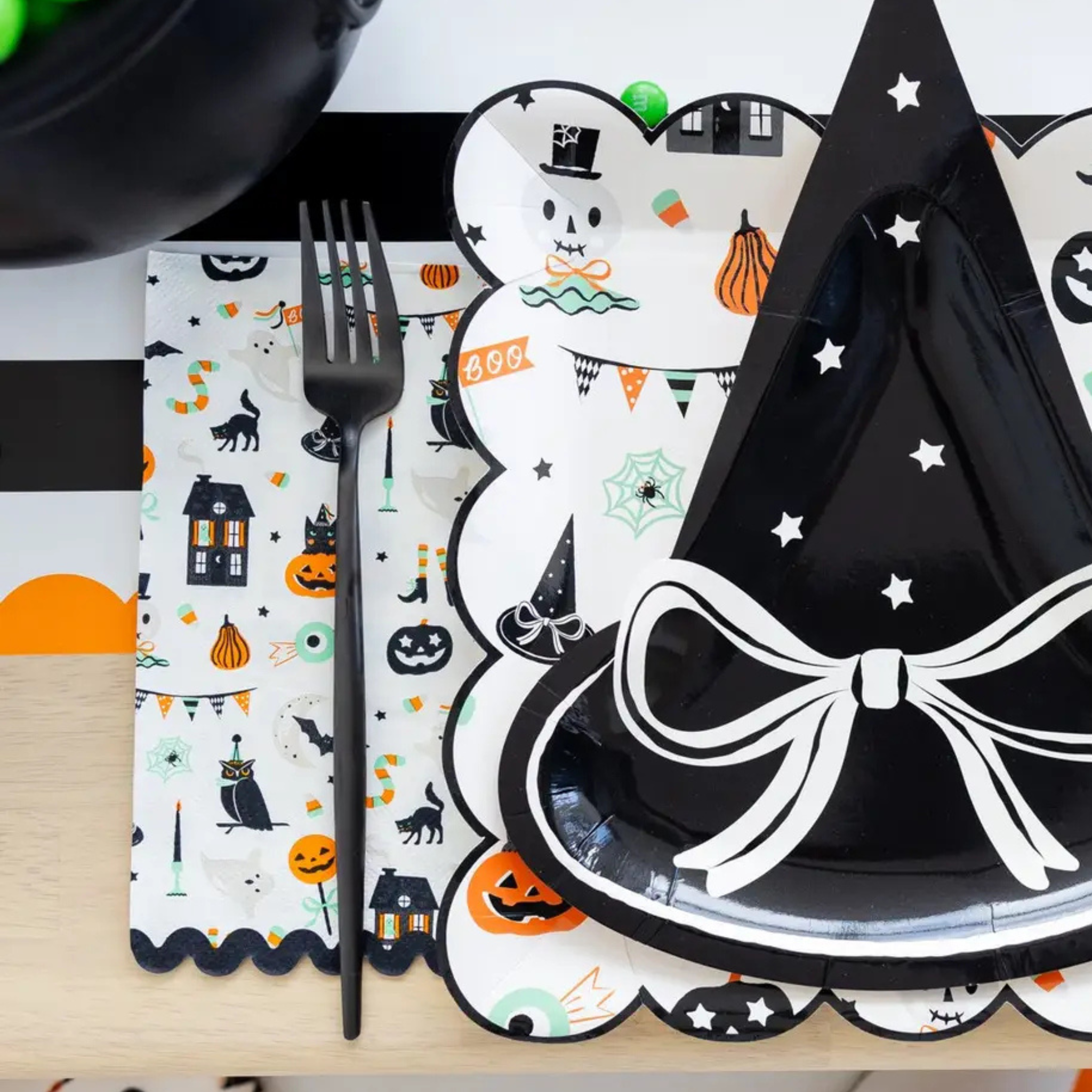 Set of 24 Tricks & Treats Napkins featuring playful Halloween icons, festive pastel Halloween paper napkins for kids parties and seasonal celebrations