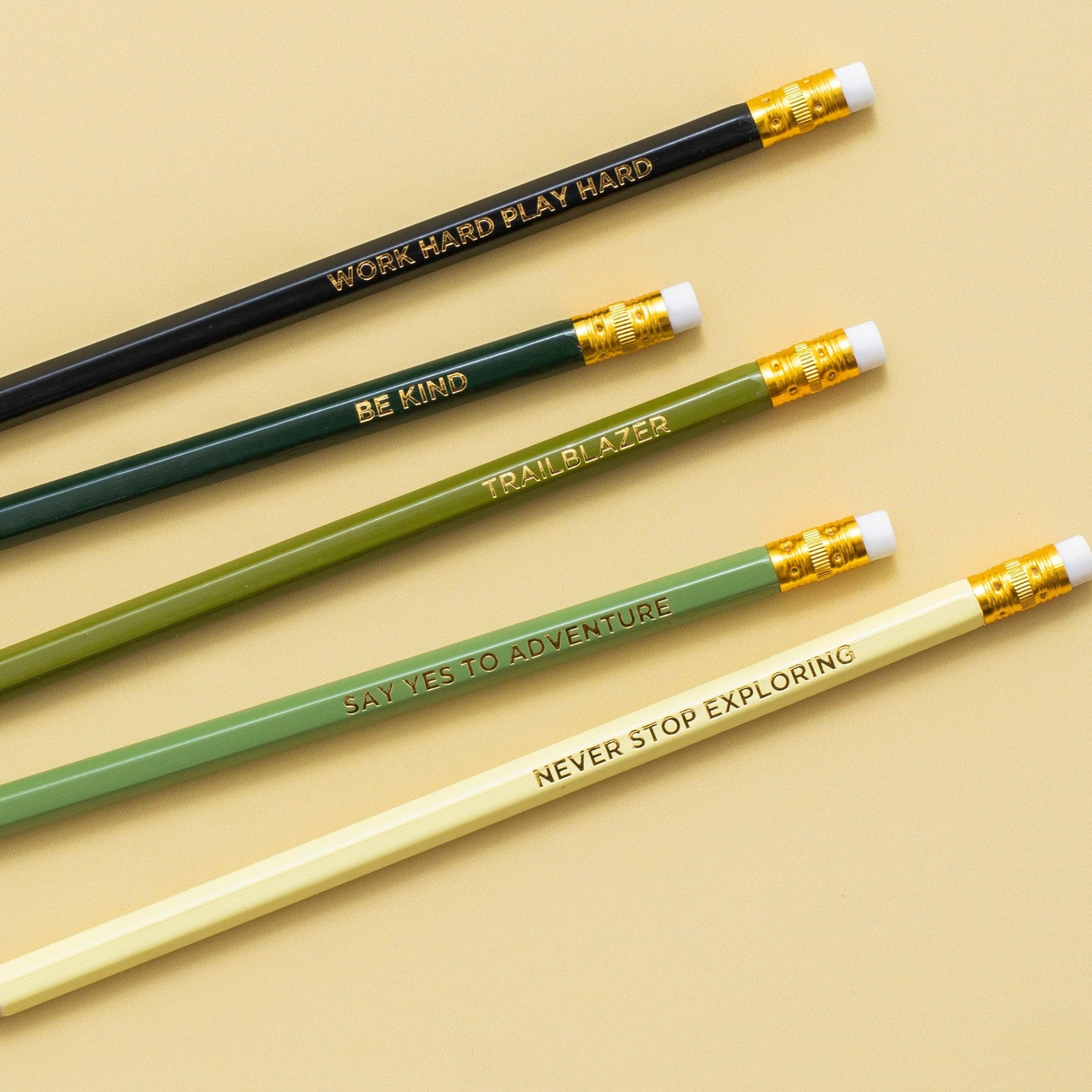 Camo pencil set for tween boys with motivational gold foil phrases, perfect Christmas stocking stuffer
