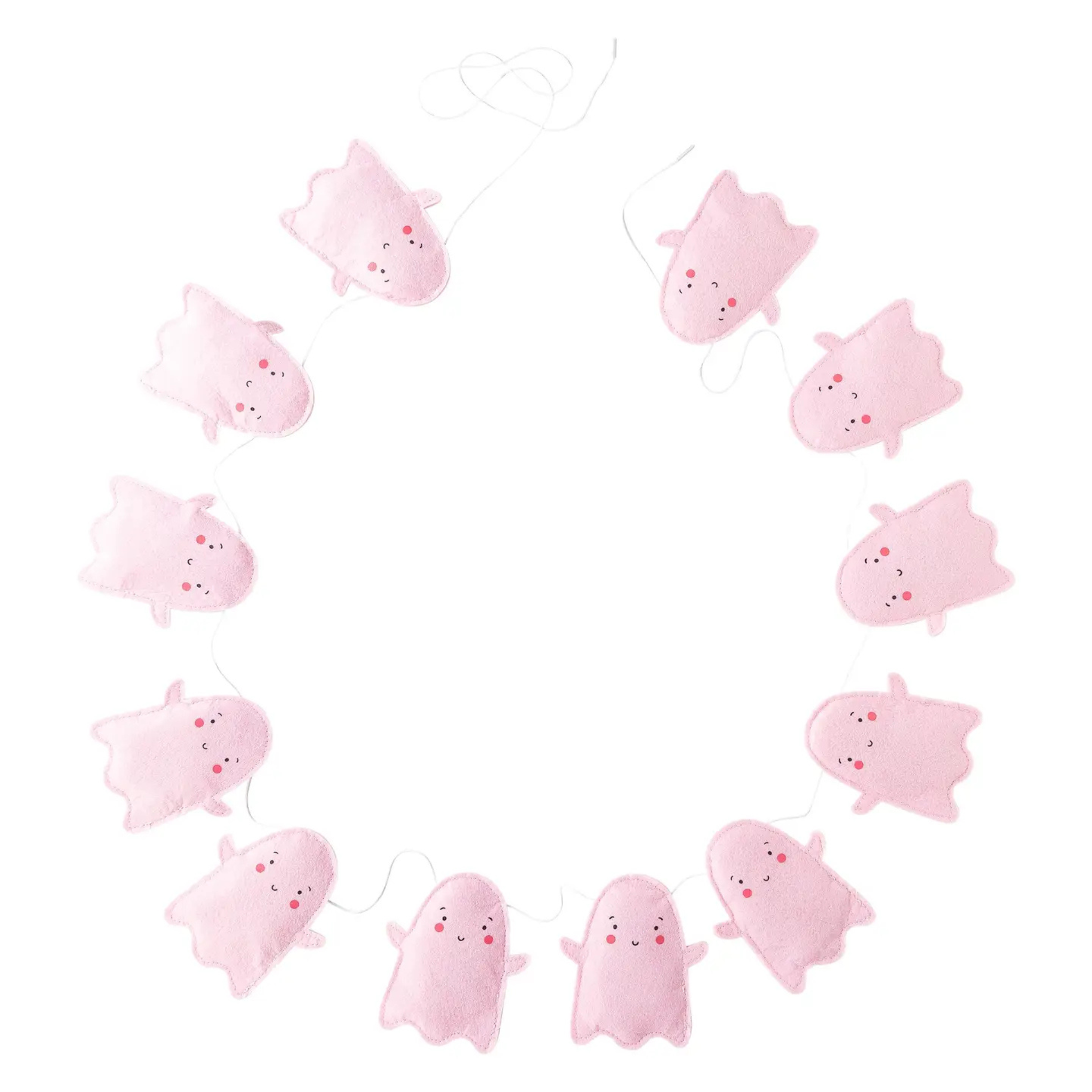 Ghost Puffy Felt Banner with twelve white 3D felt ghosts on a six-foot garland, soft and playful Halloween decor for kids’ parties and festive home styling