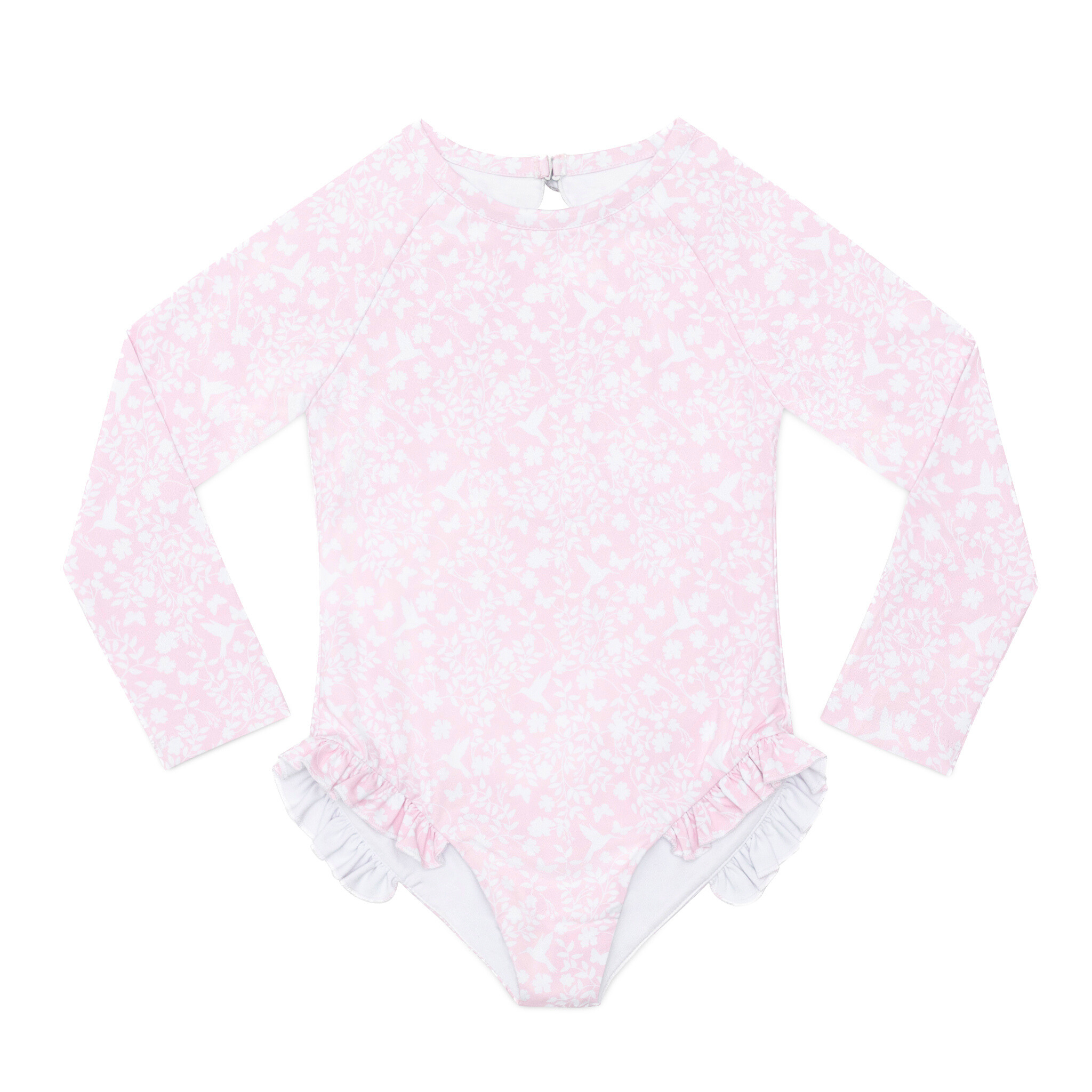 Girls’ long sleeve rashguard one piece swimsuit in Seaside Seersucker with UPF 50+ and scalloped open back, perfect for summer or beach vacations by Henry Duvall.