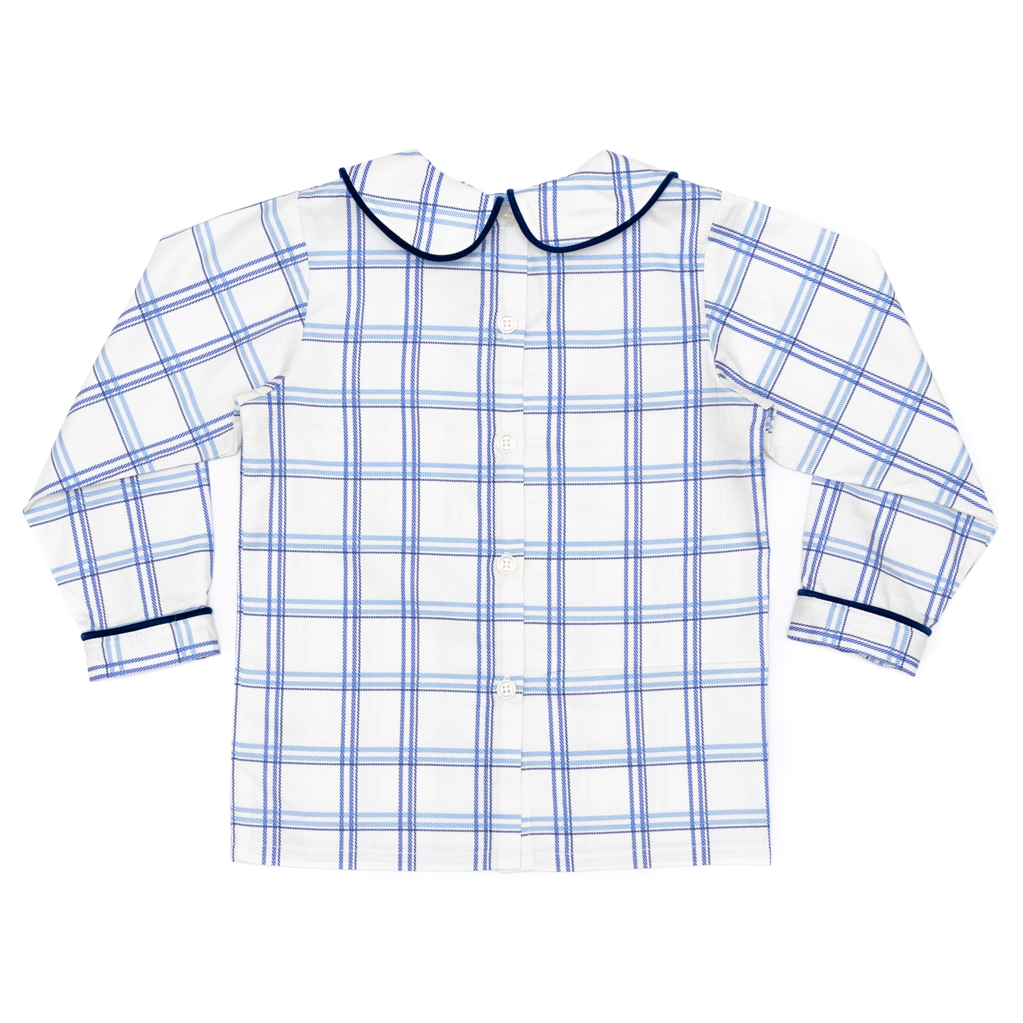 Henry Duvall Long Sleeve Henry Peter Pan Shirt in Prescott Plaid, classic boys fall shirt with Peter Pan collar and button-back, perfect for layering and coordinating sibling outfits
