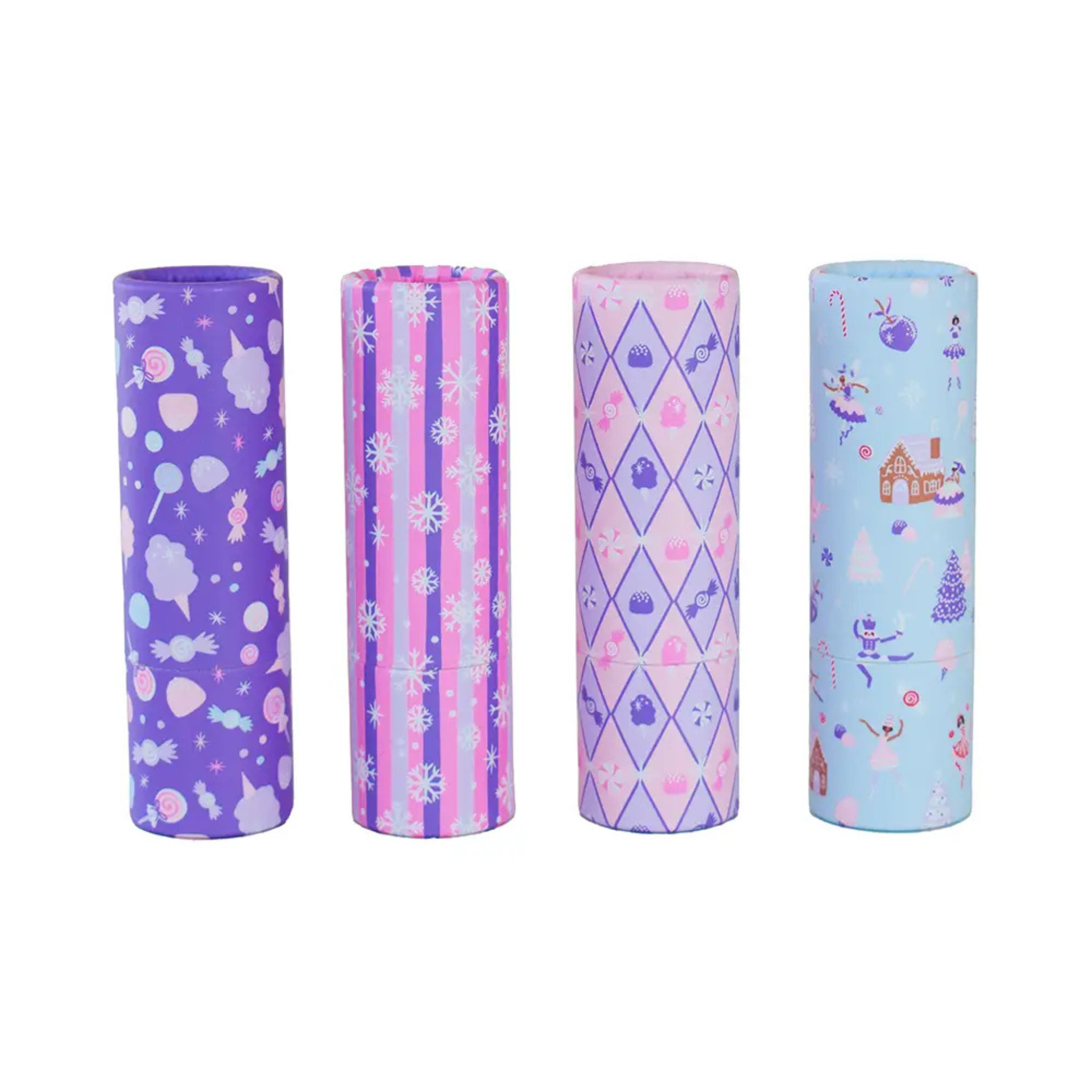 Sugarplum Fairy lip balm stocking stuffer with gingerbread house packaging and festive colors