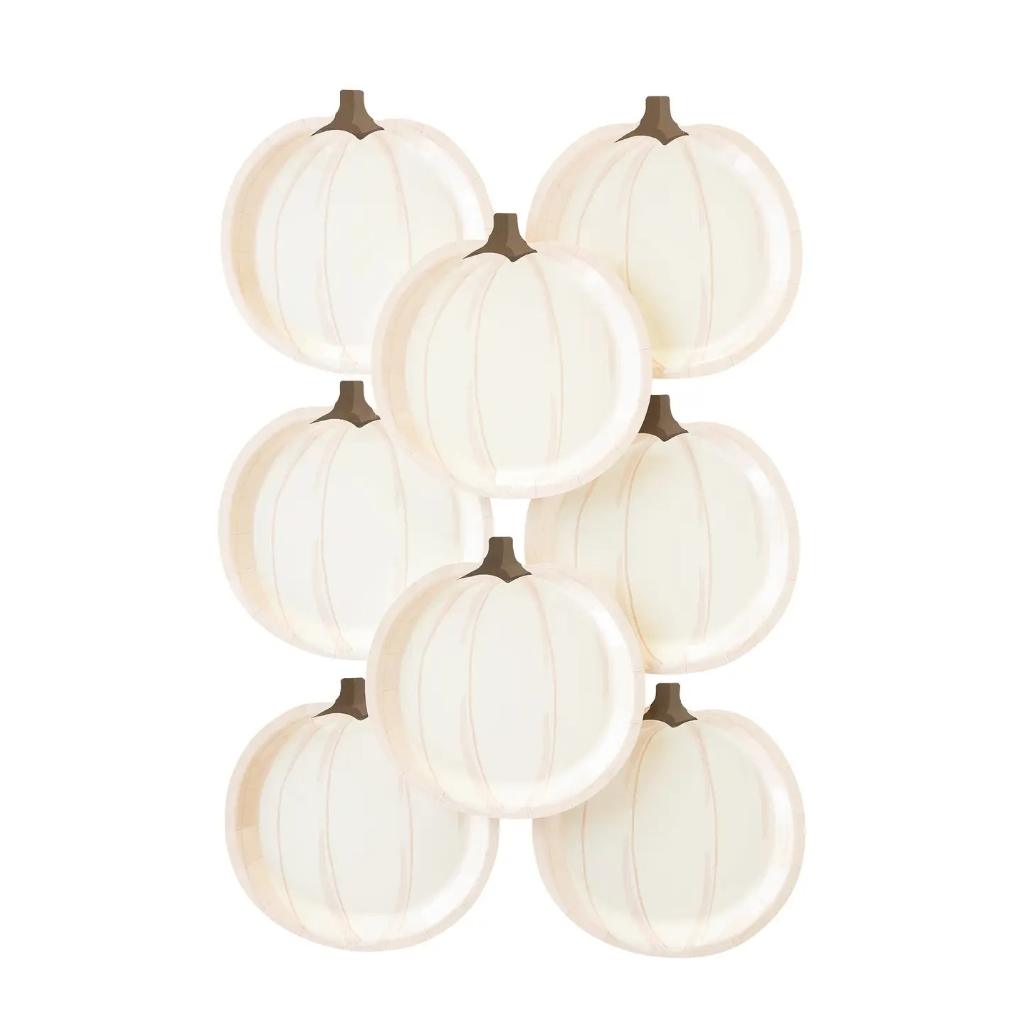 Set of 8 White Pumpkin Plates, 9 x 9 inch pumpkin-shaped Halloween paper plates, perfect for pastel and neutral fall party decor