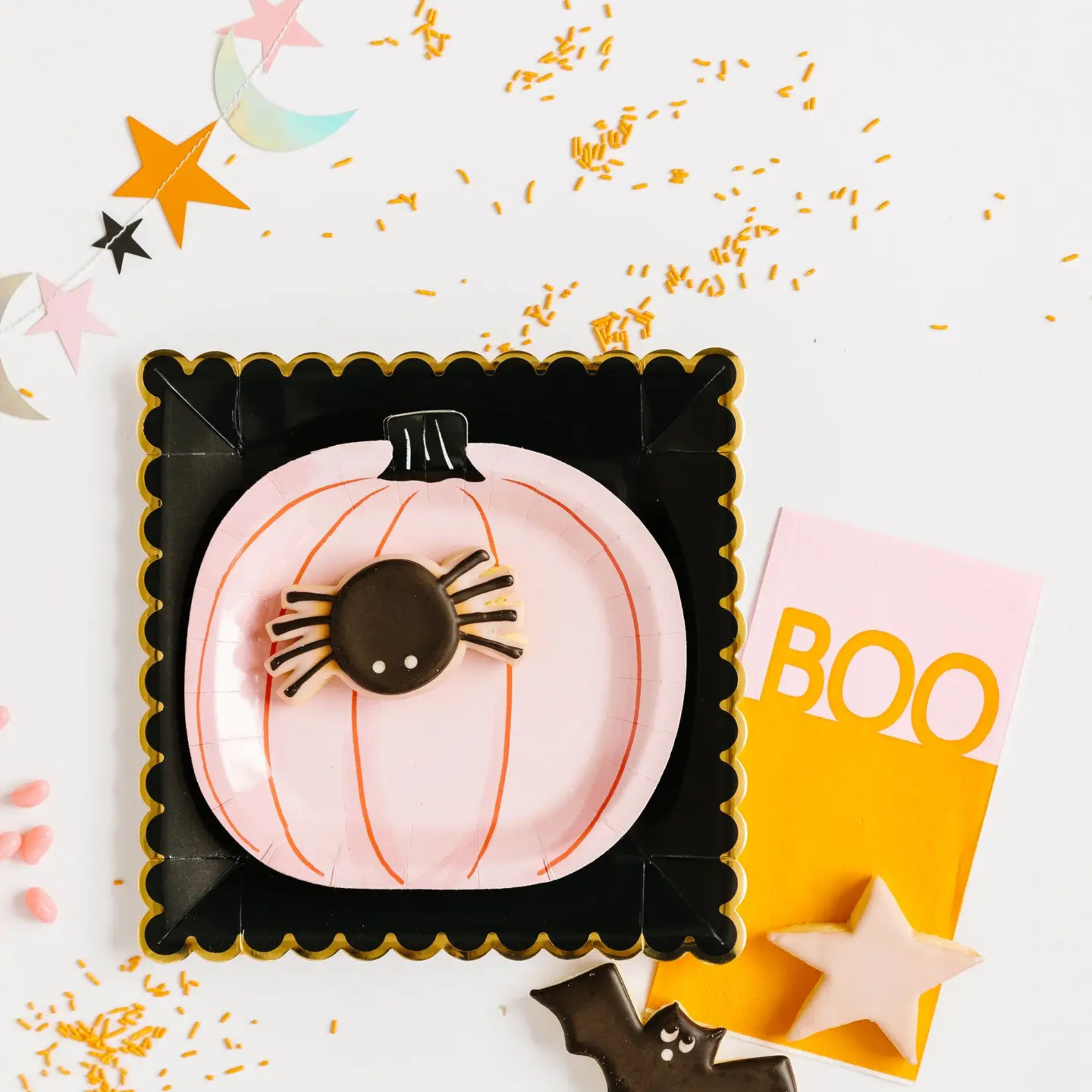Set of 8 pink pumpkin-shaped paper plates, approximately 7 inches, perfect for girls Halloween parties and pastel fall celebrations