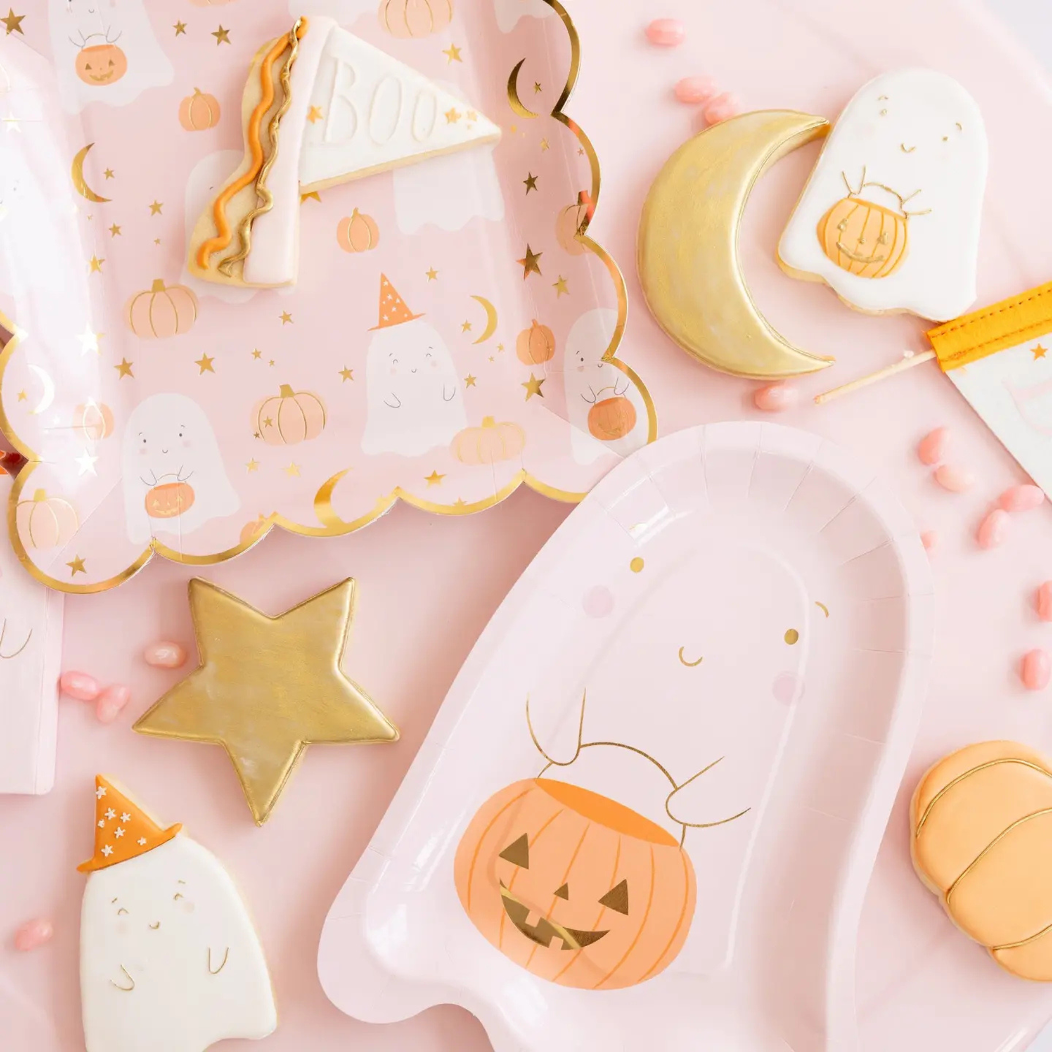 Pale Pink Halloween Ghost Plates with white ghost print and gold foil accents, set of 8 festive 10-inch paper plates for girls Halloween parties and spooky-sweet celebrations