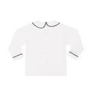 Henry Duvall boys white Peter Pan collar shirt with Newbury Tartan trim, classic holiday layering piece to coordinate with green and navy tartan outfits