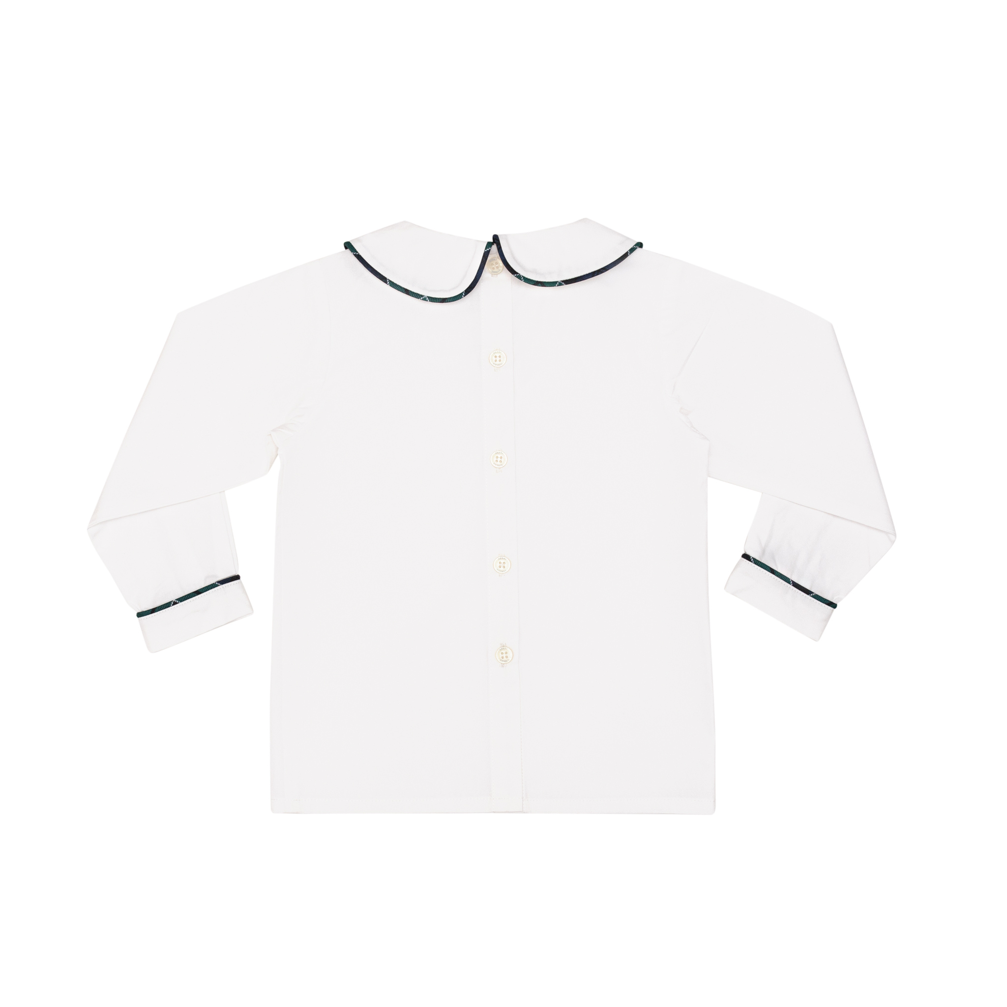 Henry Duvall boys white Peter Pan collar shirt with Newbury Tartan trim, classic holiday layering piece to coordinate with green and navy tartan outfits