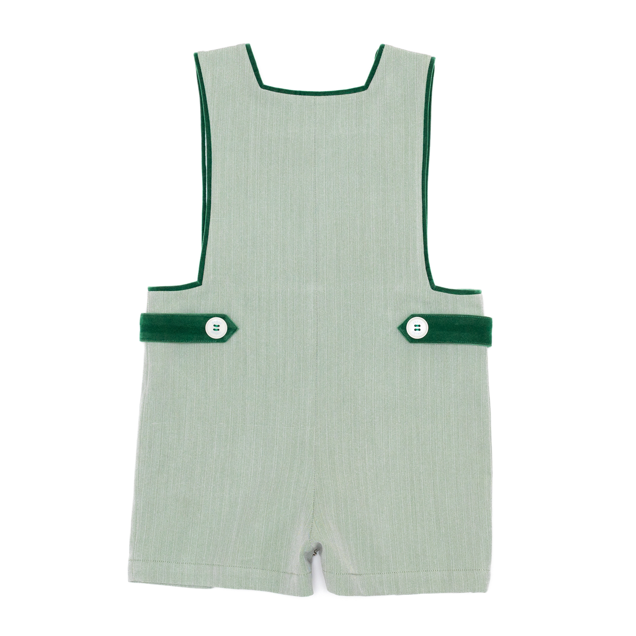 Henry Duvall classic baby boy jon jon in soft sage green herringbone, heirloom toddler outfit with shoulder buttons and stride snaps, inspired by English heritage style