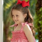 Henry Duvall Daisy Dress in red & white stripe print with hand-smocked bodice and shoulder bow ties, classic heirloom summer dress for girls
