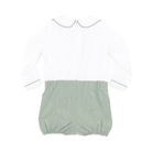 Classic baby boy bubble romper in sage green herringbone fabric, inspired by English heritage style, heirloom-quality traditional boys clothing for portraits, holidays, and special occasions