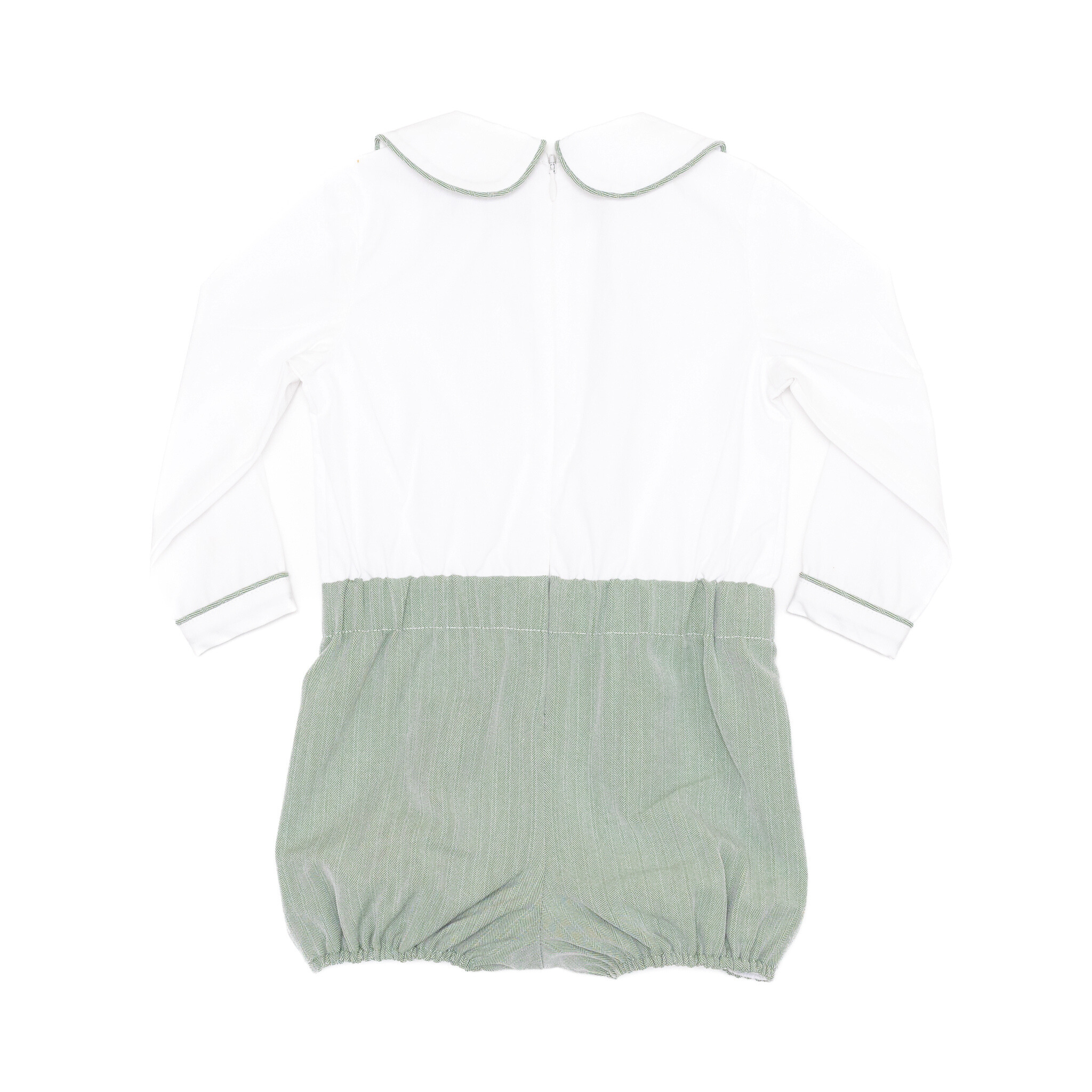Classic baby boy bubble romper in sage green herringbone fabric, inspired by English heritage style, heirloom-quality traditional boys clothing for portraits, holidays, and special occasions