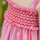Henry Duvall Daisy Dress in red & white stripe print with hand-smocked bodice and shoulder bow ties, classic heirloom summer dress for girls