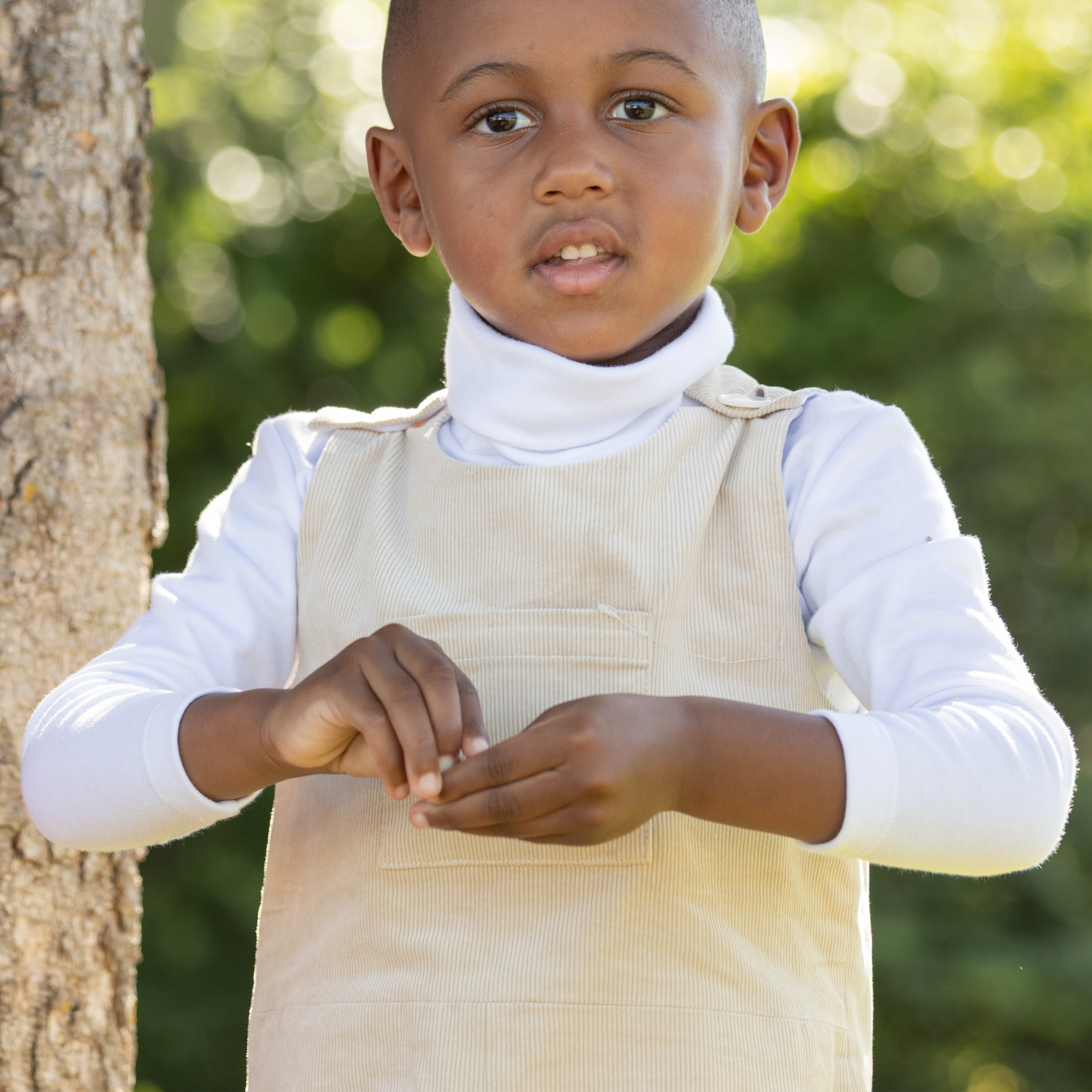 Henry Duvall Oliver Overalls in King’s Way Khaki Corduroy, classic toddler boys fall outfit with relaxed fit, perfect for layering with Peter Pan shirts or coordinating sibling looks
