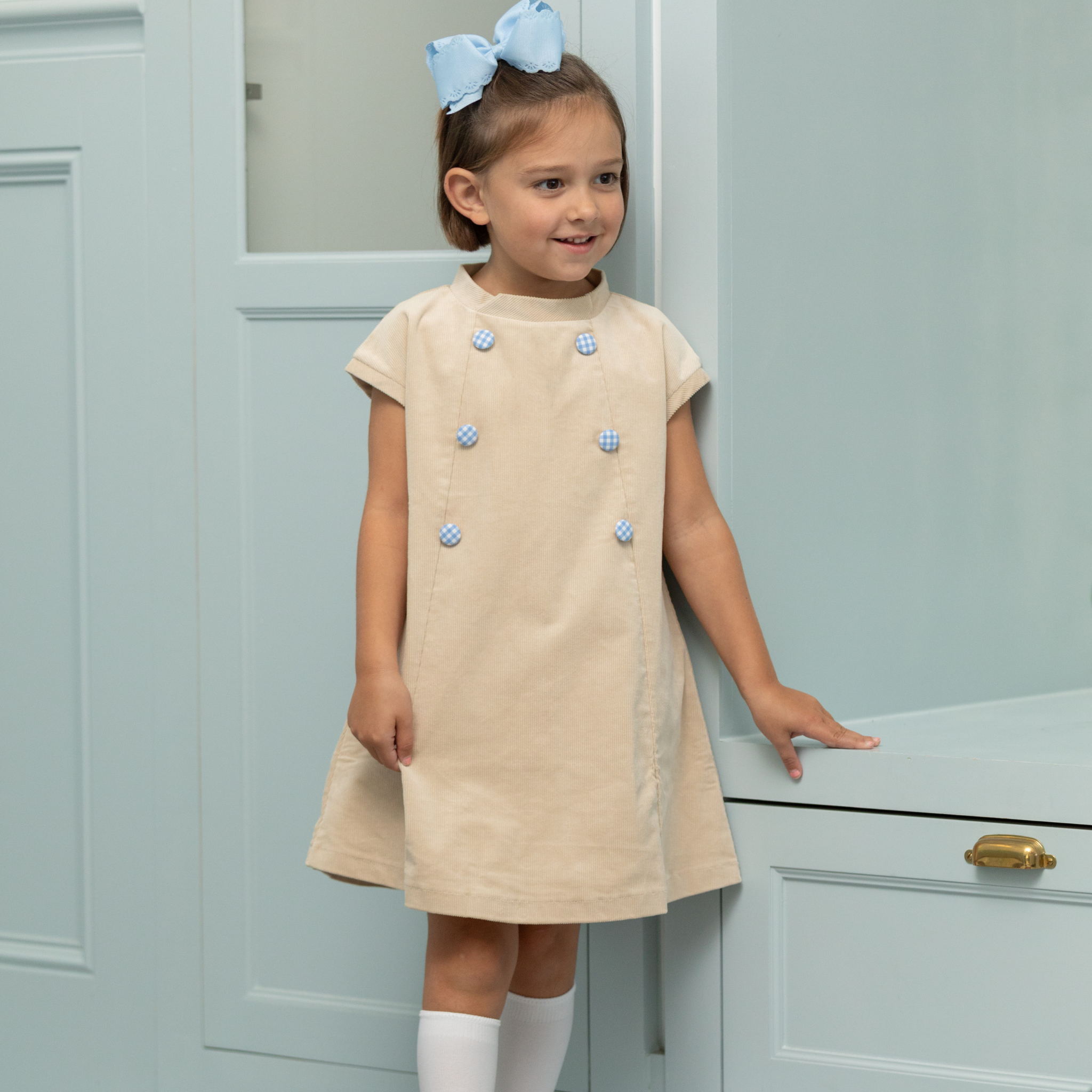 Henry Duvall Isabel Dress in King’s Way Khaki Corduroy with Charles Street Check covered buttons, classic fall toddler and girls outfit with heirloom style and timeless details 