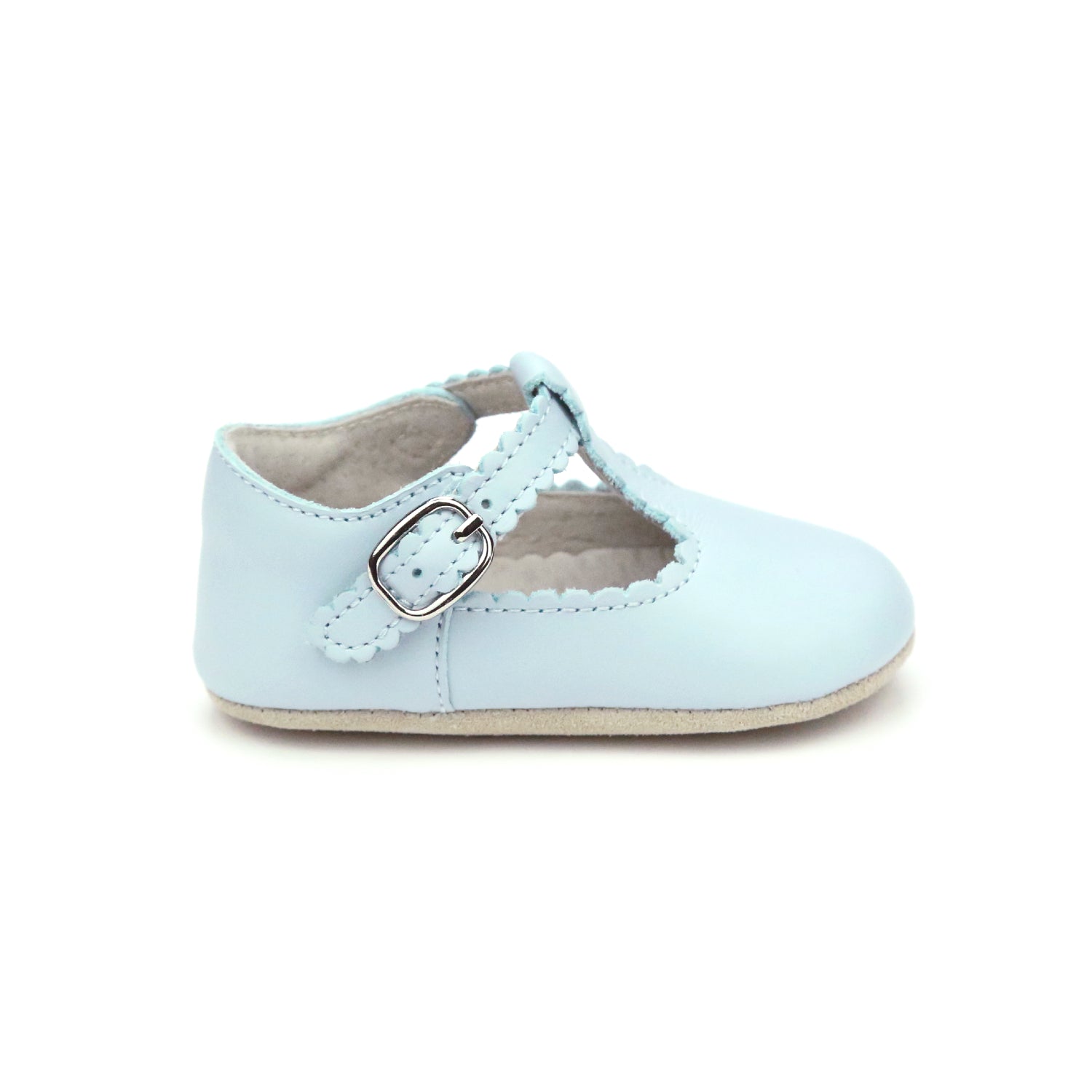 L’Amour Elodie white scalloped T-strap baby shoe in Napa leather with soft suede sole, perfect for pairing with Henry Duvall Fall outfits for girls
