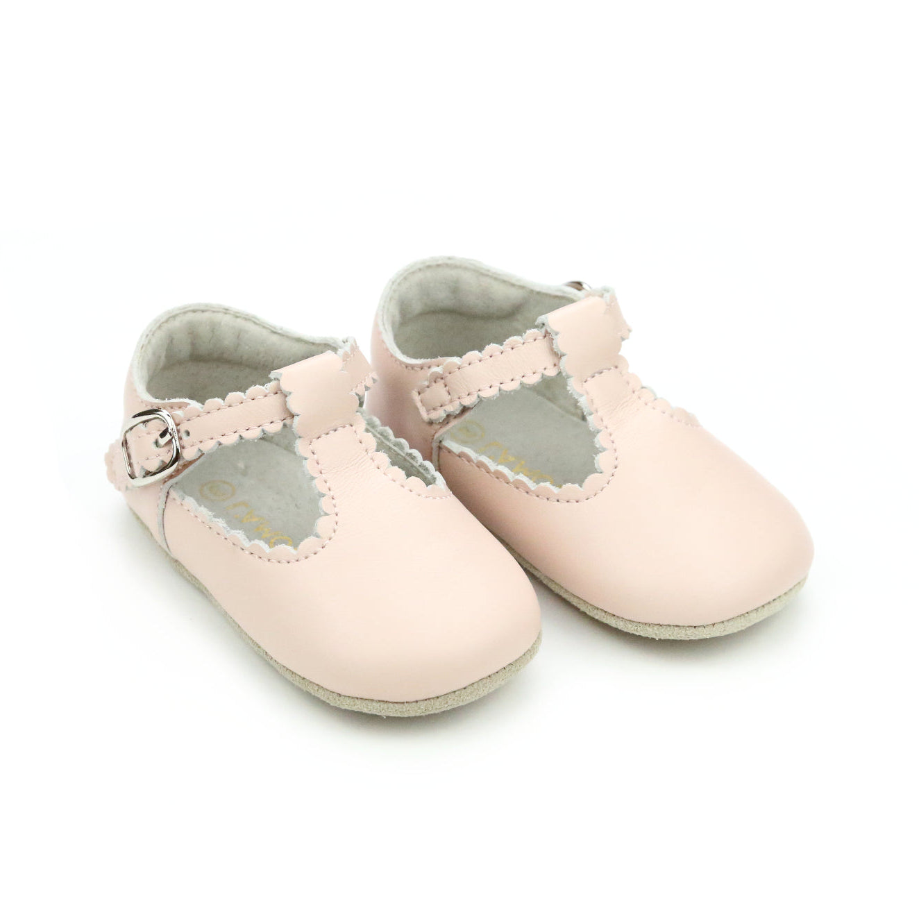 L’Amour Elodie white scalloped T-strap baby shoe in Napa leather with soft suede sole, perfect for pairing with Henry Duvall Fall outfits for girls